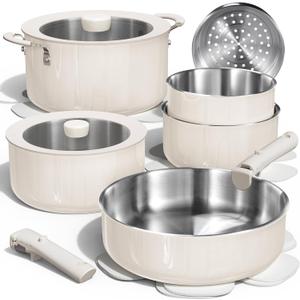 CAROTE 14pcs Pots and Pans Set, Stainless Steel Cookware Set Detachable Handle, Induction Kitchen Cookware Sets with Removable Handle, RV Cookware Set, Oven Safe, Camping Cookware, White