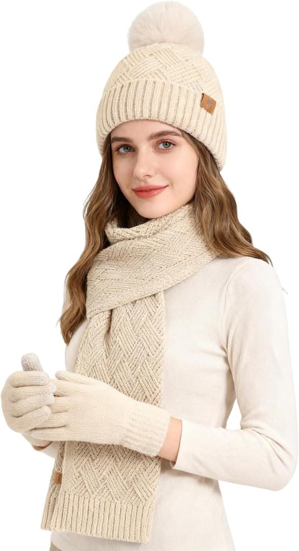 Women Winter Warm Hat Scarf Gloves Set, Touchscreen Gloves Beanie Hat Thick Scarf Set, 3 Pieces Warm Winter Gift (Beige)