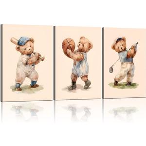 Teddy Bear Sports Nursery Animal Canvas Wall Art Cute Woodland Rugby Wall Decor Pictures Vintage Basketball Baseball Kids Room Poster Prints for Boys Room Bedroom Playroom Decorations16x24in canvas, 16inx24in canvas