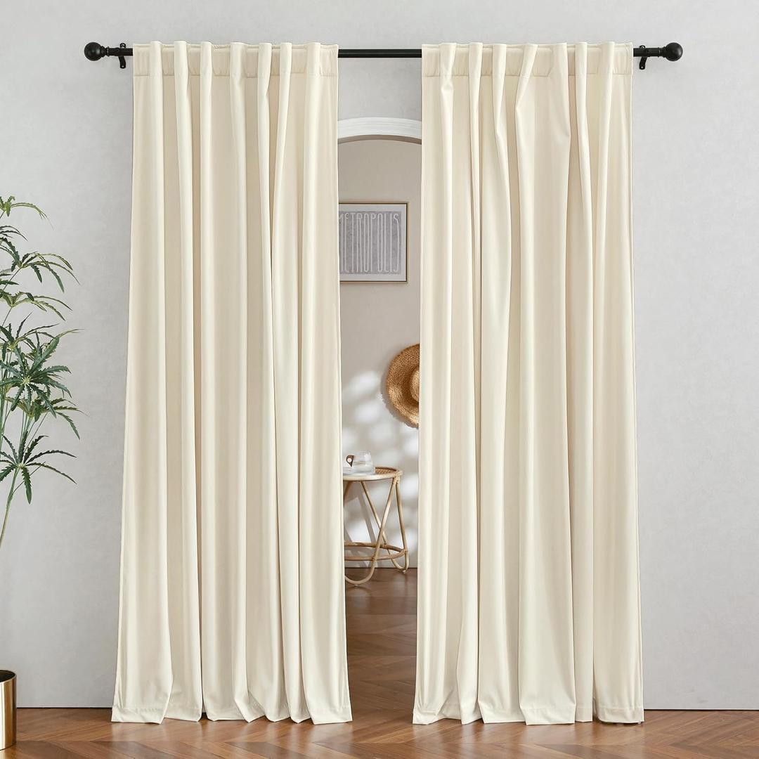 RYB HOME Cream Velvet Curtains 96 inches Length - Heavy Duty Back Tab Decorative Window Drapes Privacy Covering for Living Room Playroom, Width 62 x Length 96 inch, Beige, 2 Panels