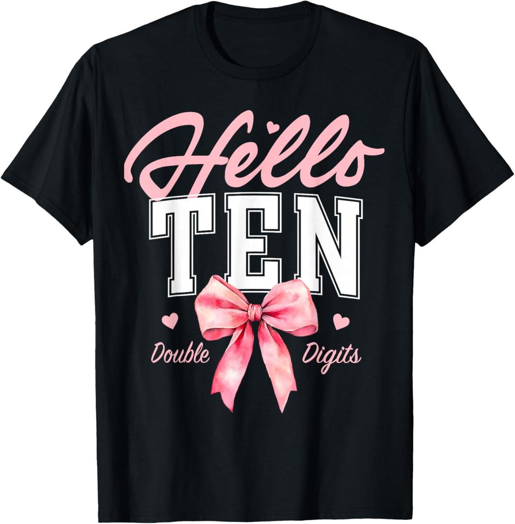 Hello Ten Double Digits Cute Coquette Bow 10th Birthday Girl T-Shirt, M Hello Ten Double Digits Cute Coquette Bow 10th Birthday Girl T-Shirt, M