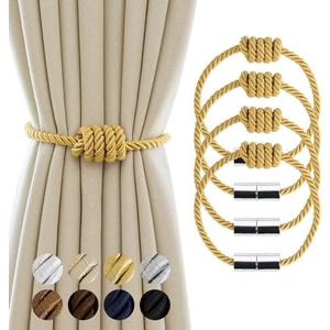 Contoeey Magnetic Curtain Tiebacks - 4 Pack Decorative Rope Holders for Drapes, Gold