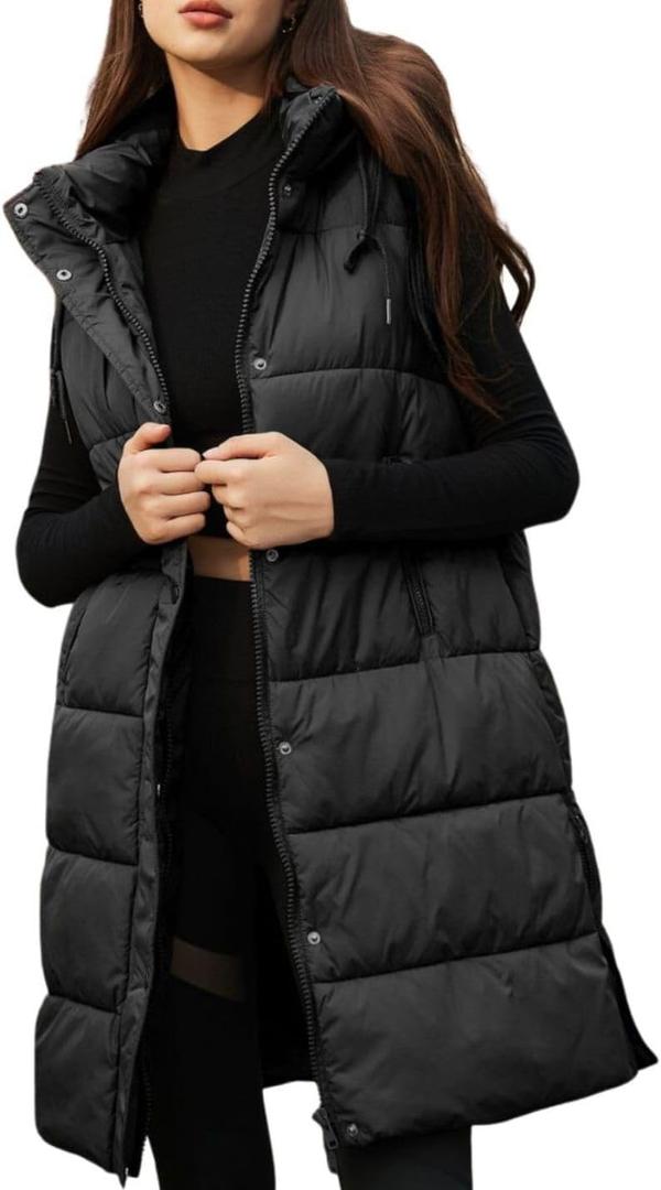 PUWEI Long Puffer Vest Women Quilted Hooded Vest Padded Sleeveless Coat Jackets With Pockets (Large, Black)