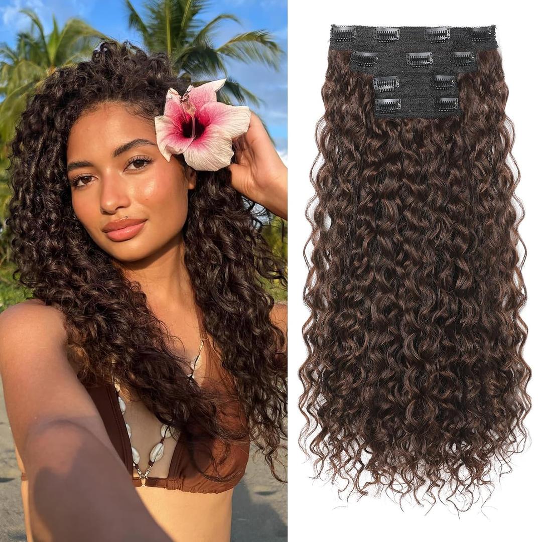 Clip in Hair Extensions, FLUFYMOOZ 4PC 100 Pure Protein Silk Hair Extensions Long Soft Natural Hairpiece 20 Inch Curly Hair Extension for Women (Reddish Brown)