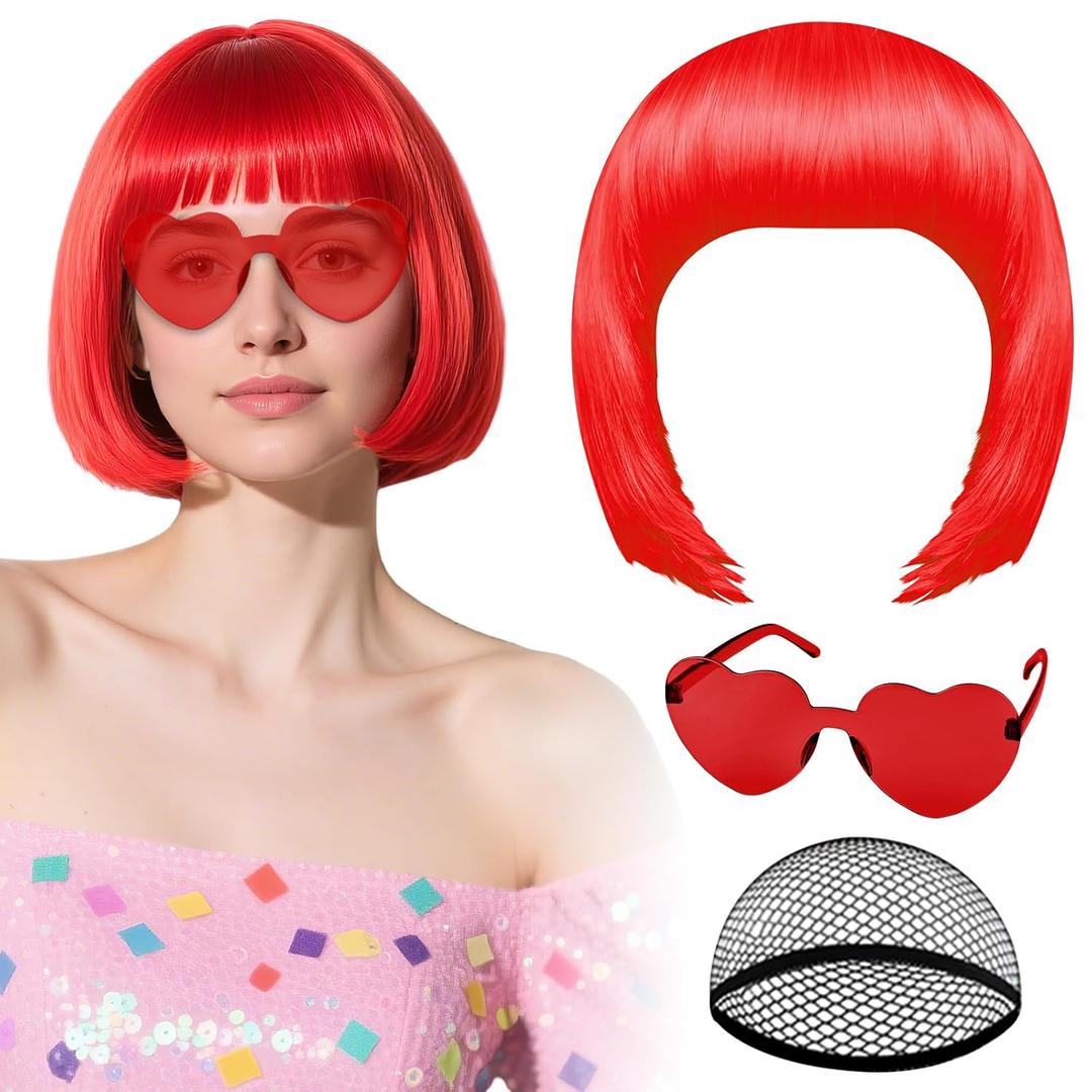 PLULON Red Bob Wig with Heart Sunglasses and Hair Cap, Colorful Short Bob Wigs Synthetic Party Wigs Funny Cosplay Hairpieces for Women Men Neon Bachelorette Halloween Costume Party Decorations