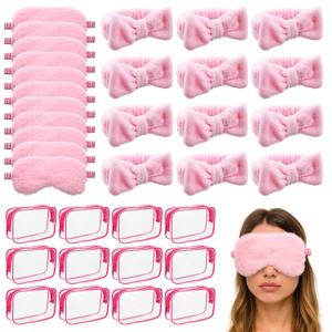 36 Pcs Spa Headband for Women, Makeup Cosmetic Headband for Women 12 Spa Headbands Plush Sleep Eye Mask 12 Clear Cosmetic Bags Sleepover Party Supplies for Girls Christmas Spas Party Favors
