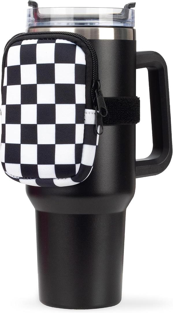 Water Cup Bottle Pouch Accessory | Compatible with Stanley Tumbler| Great for Workouts, Gym, Running, Walking, Sports| Keeps Cards, Keys, and Earphones Safe| Fun and Cute Designs (Checkered)