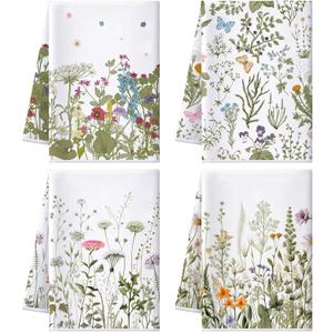 Bencailor 4 Pcs Wild Flower Kitchen Towels Wildflower Floral Hand Dish Towels White Green Leaves Dishcloths Fast Drying Decorative Set Decor Housewarming Gift for Cooking Kitchen Bathroom (Mixed Colors)