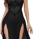 Sexy Split Mesh Lace Floral Sheer Babydoll Lingerie Outfit Dress 2 Piece with Thong Set (Long Black) XL