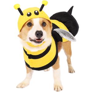 Spooktacular Creations Pet Dog Bee Costume with 3D Bee Hat, Silver Wings for Halloween Dress-up Party, Role Play, Carnival Cosplay, Holiday Decorations Clothes (Large)