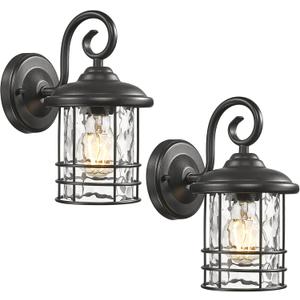 Emliviar 2 Pack Outdoor Wall Lighting Fixtures, 10" Exterior Carriage Lights with Water Ripple Glass, Die-Cast Aluminum in Black Finish, OS-1803CW1-WG