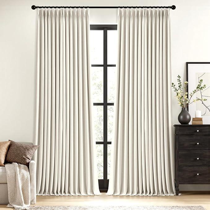 Natural Pinch Pleated 100% Blackout Linen Curtains for Bedroom, Room Darkening Light Blocking Window Curtains 84 inches Long for Living Room, Black Out Pleat Drapes with Pin Hooks, 2 Panels