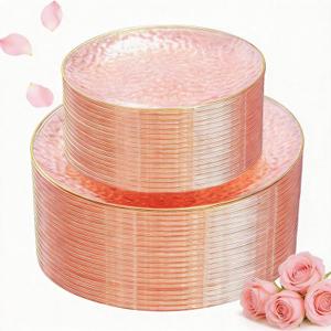 SUT 100Pcs Pink Plastic Plates, Hammered Plates Disposable Heavy Duty, Pink Disposable Plates With Gold Rim, Fancy Plastic plates Include 50 Dinner and 50 Dessert plates for Valentine's Day