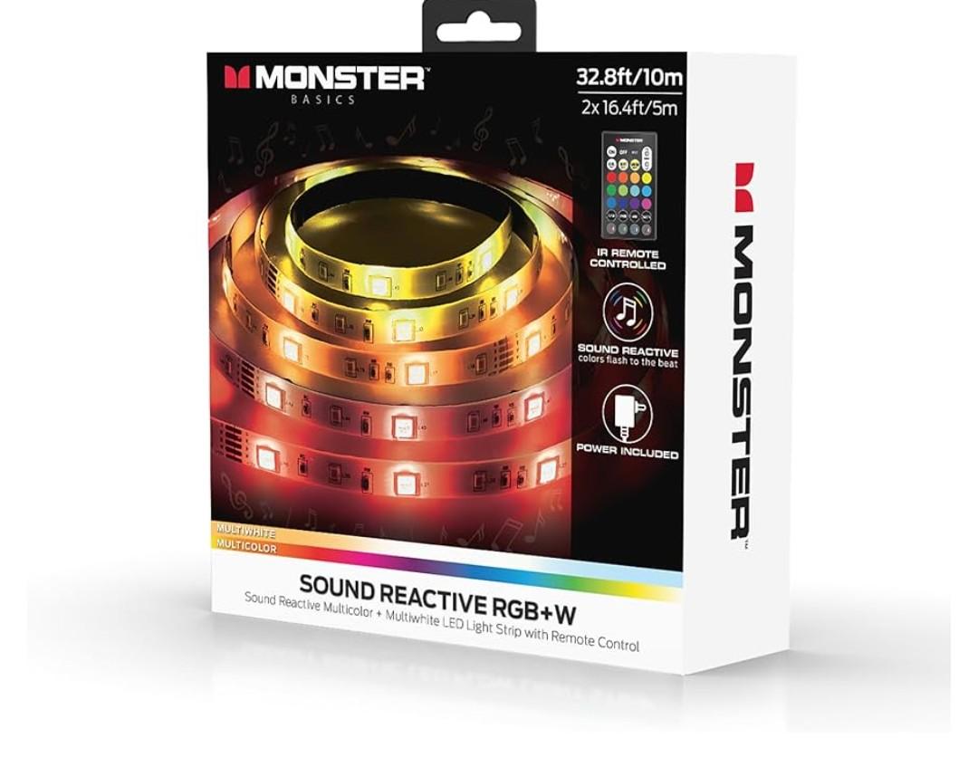 Monster 32.8ft Music Reactive LED Strip with 120 LEDs, 12V Power Adapter, with Remote, Easy Use