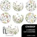 Cute Coasters for Drinks, Vintage Flora Coasters Set of 6, Plant Flowers Round Absorbent Ceramic Stone Coaster with Cork Base, Vintage Outdoor Coster Modern Cool Floral Tea Cup Boho Coaster, 4 inches