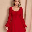 EYNMIN Long Sleeve Mini Dress Lace Sweetheart Neckline Tie A Line Cute Casual Short Party Dresses for Women (Red, L)