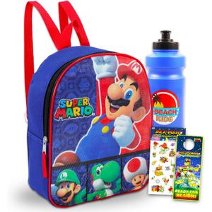 Super Mario Mini Backpack Set - Bundle with 11" Mini Backpack Plus Water Bottle, Stickers, and More | Super Mario Bros School Bag for Kids