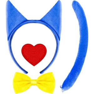 4 PCS Blue Cat Costume Accessories Set - Cat Ears Headbands Tail Bowtie and Heart Patch for Halloween Costume Accessories Kitty Cosplay Kits