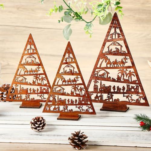 Huwena 3 Pcs Christmas Nativity Scene Table Ornament Vintage Jesus Nativity Set Rustic Farmhouse Holiday Wood Tree Wooden Christmas Tree Tabletop Decoration for Home Tiered Decor Xmas Signs (Novel)