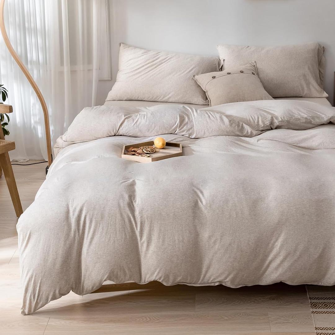 DONEUS Beige Duvet Cover Queen Size - Jersey Knit Duvet Cover Set 100% T-Shirt Cotton Durable Soft Comfy 3 Pieces Bedding Set with Zipper Closure, Solid Color Pattern Duvet Cover and 2 Pillow Sham