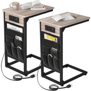 AMHANCIBLE C Shaped End Table with Charging Station, TV Tray Set of 2, Couch Tables with Storage Bag, Slide Under Sofa Side Table with USB Ports and Outlets for Living Room, Grey HET04CGY