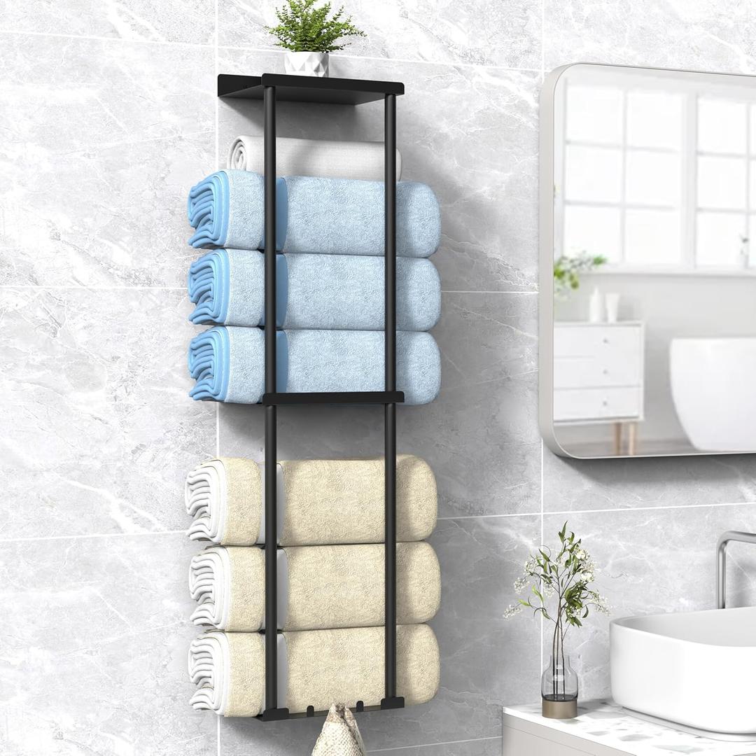 Towel Rack for Bathroom, Wall Mounted Vertical Rolled Towel Storage Organizer Holder with Shelf, Holds Up 6 Large Bath Sheets, Black (Standard Size)