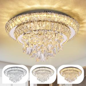 COCOSTAR Sliver Elegant LED Crystal Raindrop Ceiling Light, 18" Modern Flush Mount Chandelier Light Fixture with Remote Control, 3CCT Dimmable, for Living Room Kitchen Island Bedroom Entryway Foyer (Silver)