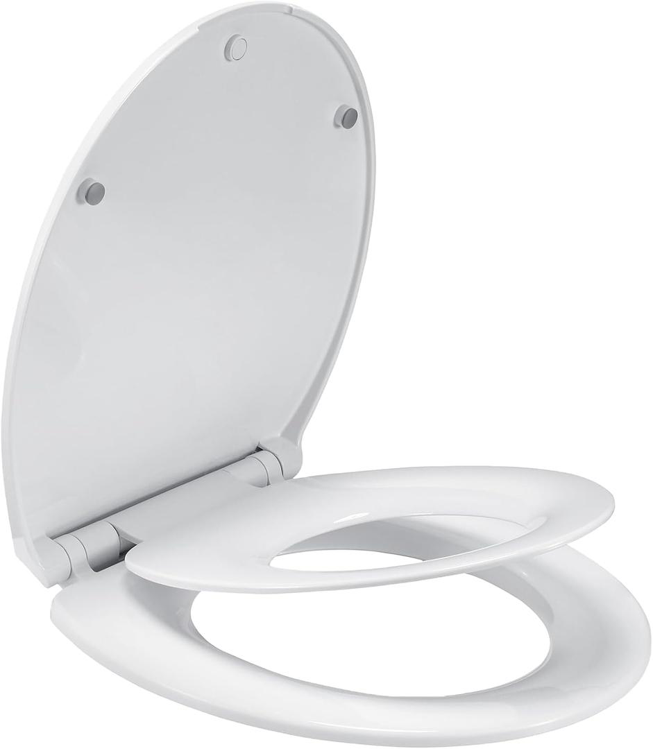 Round Slow Close Toilet Seat with Toddler Seat Built In, Potty Training Seat, Easy to Install and Remove, Never Loosen, White