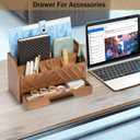 dreampossible Brown Wood Desk Organizer and Accessories with Drawer, Bill Mail Organizer and File Mail Holder for Office Supplies, Modern Desk Accessories & Workspace Organizers for Desk Organization