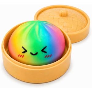 Rainbow Dumpling Squishies Toys with Food Steamer,Colorful Squeeze Dough Fidget Sensory Stress Balls,Stretchy Hand Desk Toys for Stress Relief Squishies Dumpling Gifts