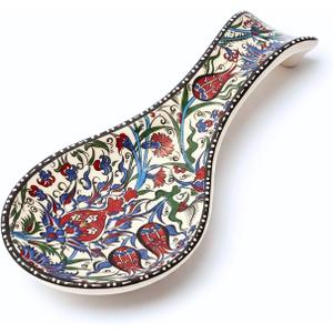 Handmade Ceramic Spoon Rest - Unique Tulip Design Craftsmanship Spoon Holder - Decorative Colorful Spoon Rest for Kitchen Counter Stove Top - Kitchen Decor and Accessories
