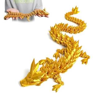 Flavery 3D Printed Dragon - 24 inch Large Pearly Sheen Articulated Dragon Fidget Toy, 3D Printed Gift for Birthday, Figurine Decor(Gold)