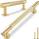 QOGRISUN 5-Pack Solid Brass Cabinet Pulls, Grooved Gold Bar Handles, 5-Inch Hole Center for Kitchen Drawer Dresser Cupboard, 6.5-Inch Total Length, Brushed Brass Finish Eleganza