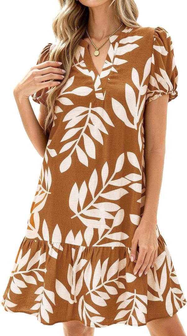 dowerme Womens Summer Dresses 2026 Puffy Sleeve V Neck Loose Floral Print A Line Boho Mini Babydoll Dress with Pockets (Brown, XXL)