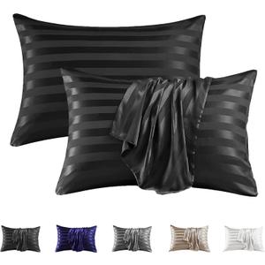 MR&HM Satin Pillowcase for Hair and Skin, Silk Satin Pillowcase 2 Pack, King Size Pillow Cases Set of 2, Silky Pillow Cover with Envelope Closure (20x40, Black Striped)