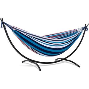 SUNCREAT Hammocks for Outside with Stand, Porch Hammock and Stand, 475 lbs Capacity, Blue & Red Stripes