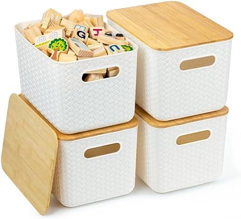 Ohmlove 2 Packs Storage Bins with Bamboo Lids - Plastic Storage Containers with Lids Stackable Storage Box：Storages Baskets for Organizing Desktop Closet Playroom Classroom Office,White
