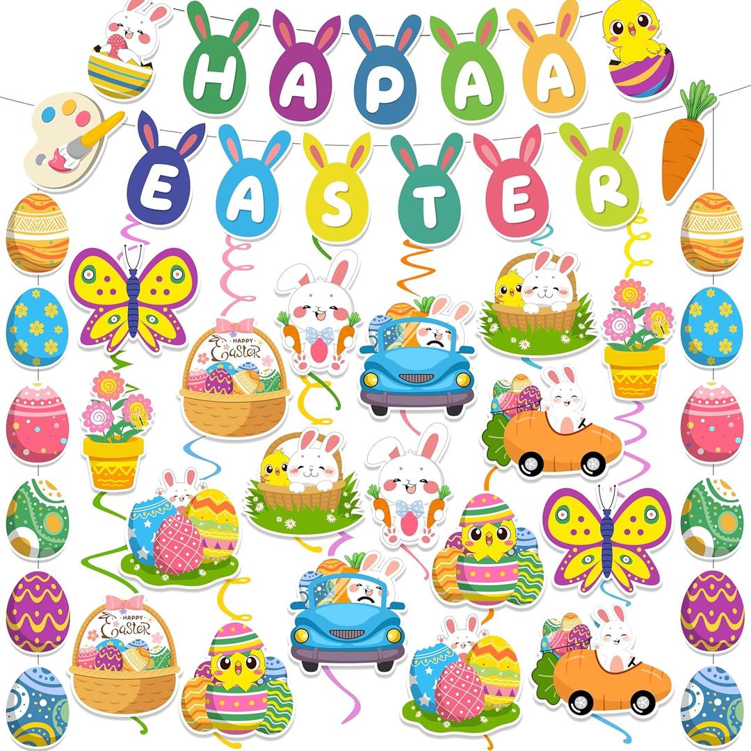 53 Pcs Easter Decorations for Home  Happy Easter, Easter Garland & Bunny Egg Hanging Swirls, Easter Hanging Decorations Indoor for Home Classroom School Easter Party Supplies