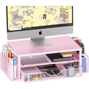 Desk Organizers and Accessories, 2-Tier Computer Monitor Stand Riser with Drawer and 2 Pen Holders, Office Desk Accessories for Office Supplies, Pink