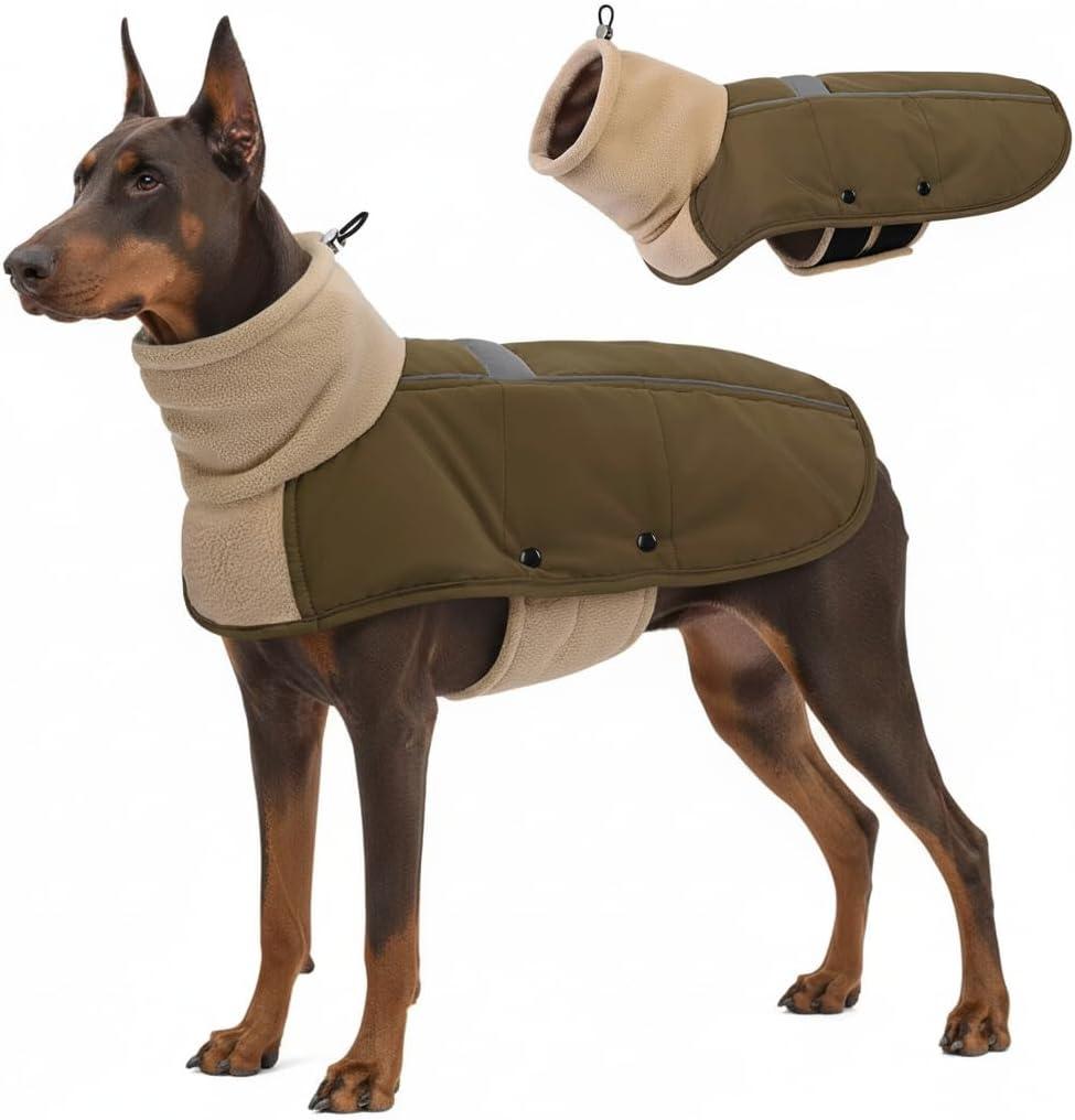 ASENKU Dog Coat, Dog Winter Jackets with Fleece Turtleneck, Windproof, Reflective Pet Snow Jacket for Cold Weather, Coats for Large Dogs, Army Green, XL