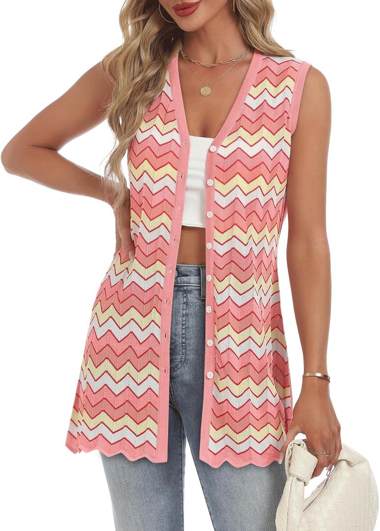 Women's Swimwear Cover Ups V Neck Button Down Sweater Vest Fashion 2025 Sleeveless Striped Cardigans (Medium, Pink)