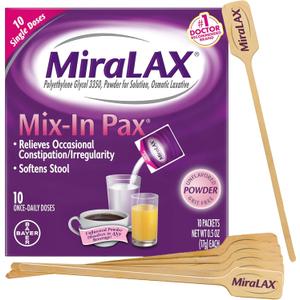 MiraLAX Gentle Constipation Relief Laxative Powder, Stool Softener with PEG 3350, No Harsh Side Effects, Single Dose Mix-In Pax with Mixing Stirrers, Travel Pack, 10 Dose