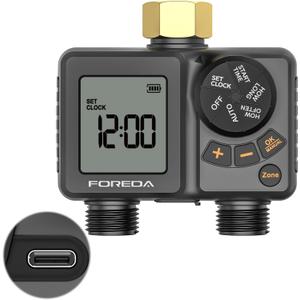 2 Outlet Water Timer for Garden Hose, Programmable Hose Timer for Watering with Brass Inlet, USB-C Sprinkler Timers, IPX6, Rain Delay/Manual/Auto Modes for Lawn, Yard, Farm, Pool
