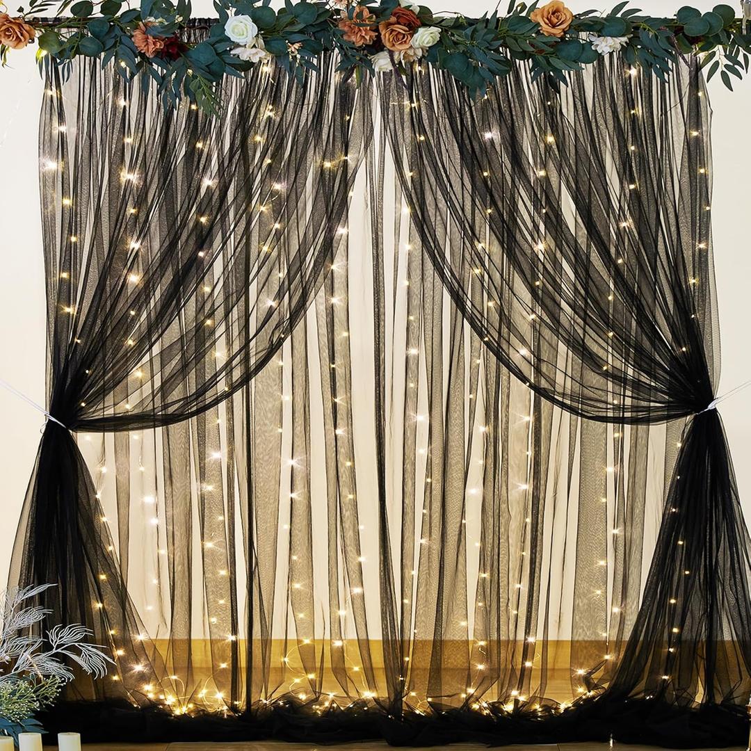 Black Sheer Backdrop Curtains with Lights String for Parties Birthday 10ft × 8ft Black Tulle Backdrop Curtain for Baby Shower Wedding Graduation Photo Shoot Decorations