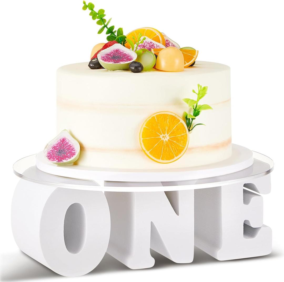 One Letters Round Cake Stand Include 12 Inches Acrylic Tray, 1st Birthday Baby Shower Cupcake Display White Round Dessert Snack Food Stand for 1st Birthday Anniversary Decorations Supplies
