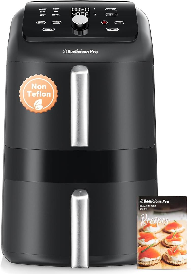 12QT Large Double Air Fryer, Family-Size Dual Airfryer with 2 Baskets, SyncHeat Even Heating, Stacked Compact Design, Smart Finish & Match Cook, PFAS-Free Nonstick, Dishwasher-Safe, Ash Black, Standard