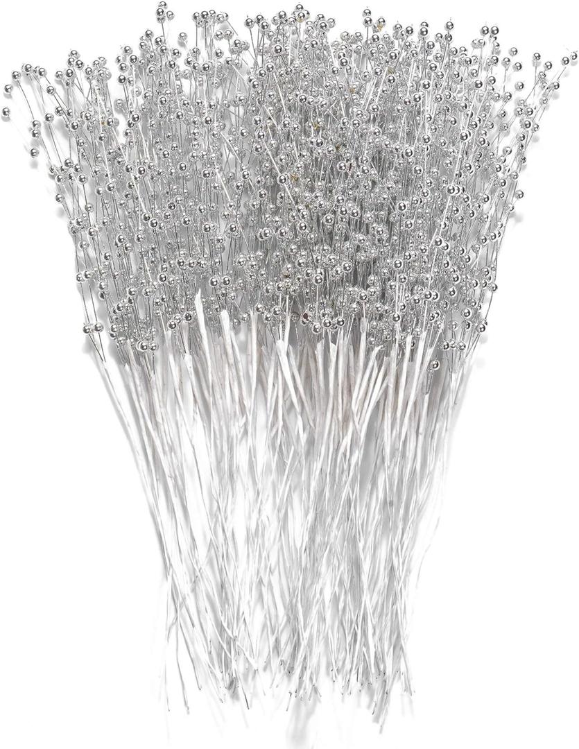 60 Pieces Pearl Stick Stems Bouquets, 4mm Bead String Garland Beaded Spray Filler Floral Arrangements Tree Picks Wedding Party Decoration, Mother's Day Flower Decor, Christmas Tree Picks (Silver)