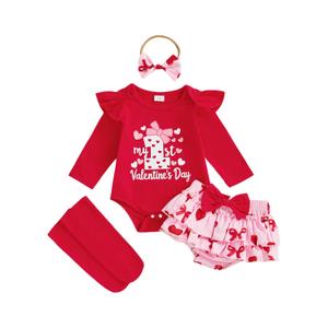 WNGECAT Baby Girl Valentines Day Outfit Long Sleeve Letters Heart Printed Romper with Ruffle Skort, Headband and Stockings (Red, 6-9 Months) (Red)