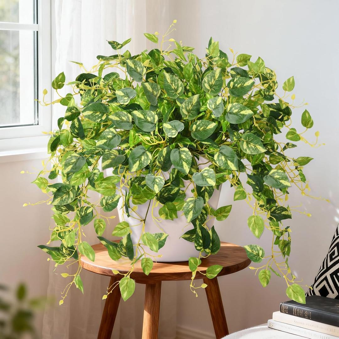 INQCMY Artificial Fake Hanging Plants Philodendro for Outdoors Spring Decoration, 3Pcs Faux Pothos Vines Realistic Greenery UV Resistant for Home Office Bedroom Bathroom Living Room Indoor