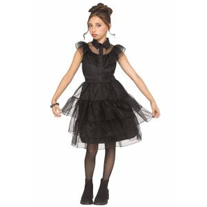 Black Tulle Princess Dress for Girls, Ruffled Sleeves, Tiered Skirt, 10-12 Y